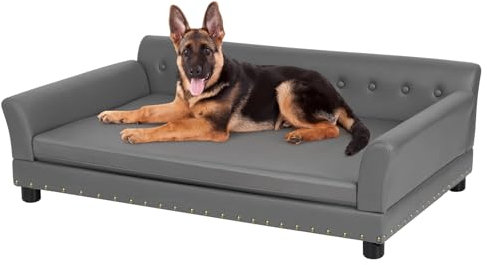 BingoPaw Luxus Hundesofa Grosse Hunde: XXL Hundecouch aus atmungsaktivem wasserdichtem Leder, Mordern Haustiersofa mit Rückenlehne orthopädisches Hundekissen und Holzbeinen, Grau 120x74x40cm