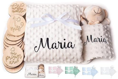 Olesea Manta Bebé Personalizada con Nombre Bordado+Placas Cumplemes +Dou Dou–Regalo Recién Nacido Niño o Niña – Cesta Canastilla Bebé Regalos Padres Primerizos Mamas Primerizas