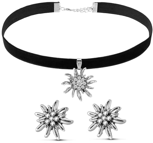 Sinmoe 3 Stück Trachtenschmuck Set Bayerisch Bierfest Dirndlschmuck Elegante Trachtenkette mit Ohrstecker Edelweiß Halskette Samt Kropfband für Damen Bierfest Trachten Dirndl Accessoires(Schwarz)