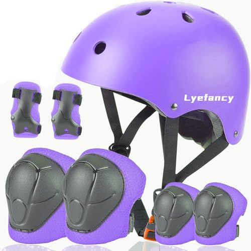 Lyefancy Kids Bike Helmet and Pads Set for 3-13 Years old Boys Girls, Toddler Helmet Protection Gear, Adjustable Safety Kids Helmet Knee Pads Set for Scooter Cycling Skateboard Skating(Purple, S)