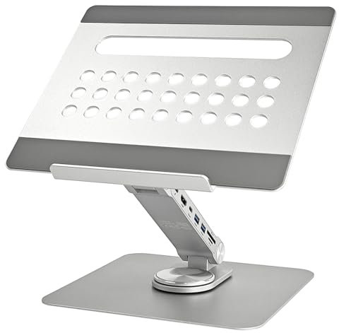 Ewent Supporto per Laptop da Scrivania in Lega di Alluminio, Supporto PC Docking Station 7 in 1 con cavo USB-C, Rialzo per Laptop Ergonomico Regolabile in Altezza con Rotazione 360°, Base Antiscivolo