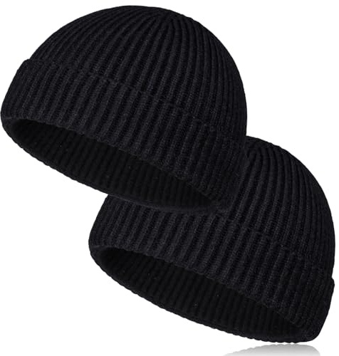 TSKNOMO Lot de 2 bonnets de pêcheur courts en laine pour homme, bonnets tricotés souples à revers de chalutier, bonnets d'hiver chauds pour femme, Noir + noir., Taille unique
