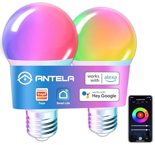 Alexa Glühbirne E27 9W 1000LM ANTELA RGB Smart WLAN LED Dimmbare Birne Lampe, Kompatibel mit Google Home, Smart Life APP, 2700K-6500K Warmweiß Kaltweiß Licht, 2 Stück