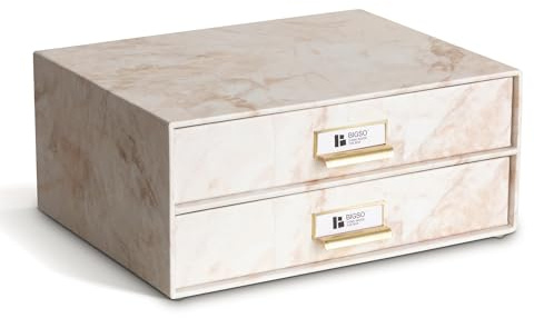 BIGSO BIRGER Schubladenbox – Aufbewahrungsbox mit 2 Schubladen – Schreibtisch Ablage für Dokumente & Bürobedarf – Ablagesystem aus recycelter Faserplatte und Papier – beige