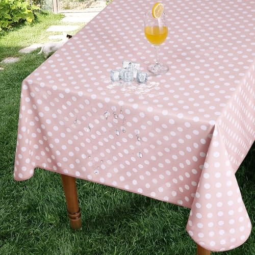 Romanstile Vinyl Pink Tablecloth Outdoor Wipe Clean waterproof PVC Polka Dot Table Cloth,Tablecloths rectangular Oilcloth Table Cover for Children Birthday Party Garden,Picnic,Spring,Easter,140x200cm