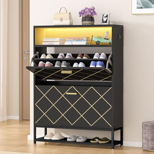 Vicye Schuhkipper, Schuhschrank Schmal mit Farbigen LED-Lichtern, 24 Paar Schuhe, 2 Klappfächer & Metallbeinen, Schuhkommode Platzsparend für Flur, Wohnzimmer, Schlafzimmer, Schwarz