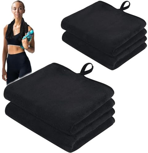 JISRKP 4Pcs Gym Towel Set, Microfiber Sports Towels, Black, Fast Drying & Absorbent, Small & Large Sizes, Ideal for Gym, Fitness, Yoga