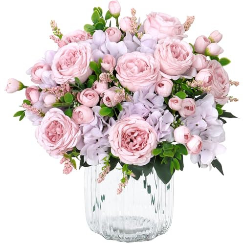 SOMYTING 2 Bunches Peonies Artificial Flowers Silk Peony Artificial Flowers for Decoration Roses Bouquet Real Touch Silk Flores Artificiales for Vase Wedding Party Centerpiece Home Decor (Pink-purple)