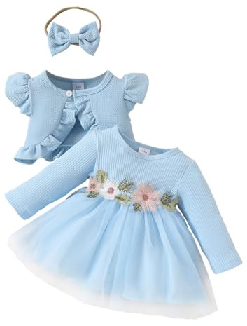 Generisch Bebé Niños Recién Nacidos Niño Pequeño Niñas Manga Larga Princesa Vestido Floral Volantes Abrigo Tops Diademas Trajes Festivo Moda Niños, azul, 2-3 años