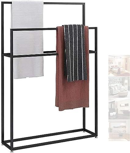 Toallero de metal independiente – Soporte para toallas de baño de 2 niveles para baño, dormitorio y sala de estar – Elegante estante de suelo negro (85 x 20 x 110 cm)