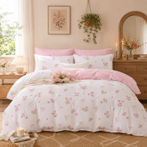 Lanqinglv Ropa de cama de 155 x 220 cm, diseño de flores, color rosa y blanco, reversible, diseño de mariposas, funda nórdica con cremallera y 1 funda de almohada de 80 x 80, con certificado ÖkoTex