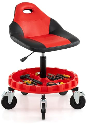 GYMAX Taburete de Taller, Taburete Mecánico con Asiento Aolchado Giratorio, Altura Ajustable, Bandeja para Herramientas, 5 Ruedas Universales, Asiento Rodante para Garaje Reparación Carga 150 kg