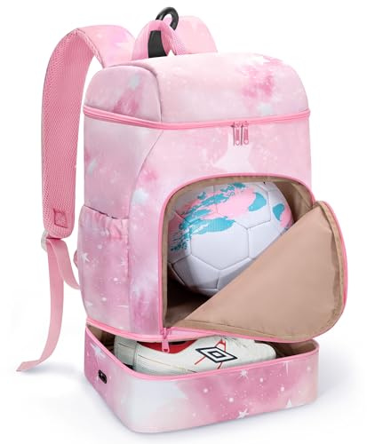 Smasrob Soccer Backpack for Girls with Separate Ball Pocket and Shoe Compartment, Sports Bags for Soccer, Basketball, Volleyball, Pink