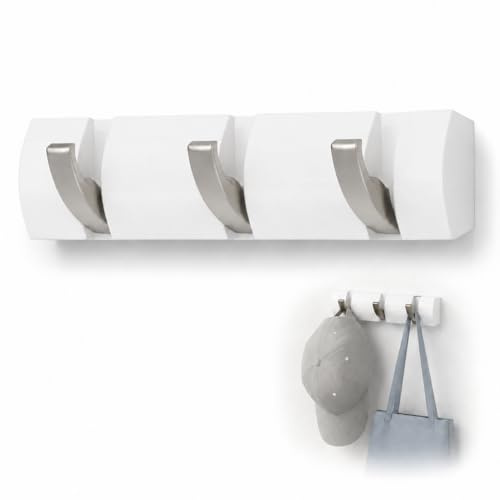 Terilamy Coat Hooks Wall Mounted, Self-Adhesive White Coat Hooks, Foldable Wall Hook with 3 Hooks, Space-Saving Coat Hanger, Modern Wall Coat Rack for Hanging Towel Clothes Keys Bags Hats