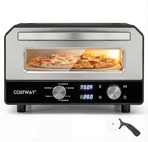COSTWAY Forno Pizza Elettrico, 1700 W Macchina per Pizza Professionale con 6 Modalità Preimpostate Taglierina e Pietra Refrattaria, Raggiunge fino 400°C, 43x47x28 cm