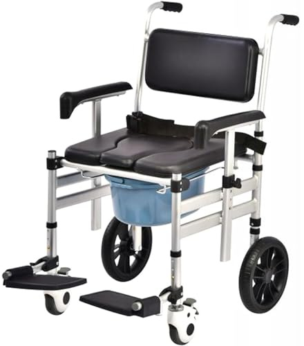 Foldable Toilet Shower Chair - Mobile Wheelchair Commode with Padded Seat, Adjustable Height, and Lockable Casters