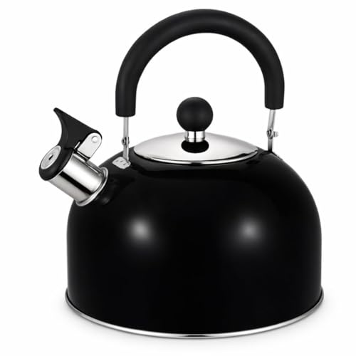 Premium 2.5L Stainless Steel Stove Top Kettle | Whistling Kettle for Gas Hob & Induction Hob & Great for Camping | Fast Boil Stove Top Tea Water Kettle with Whistle Spout | Black & White (Black)