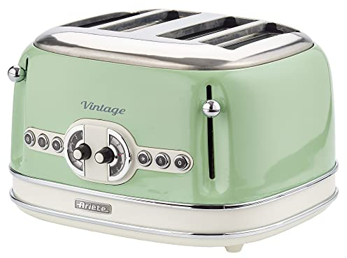 Ariete 0156/04 Retro Style 4 Slice Toaster with 2 Slice Control, 6 Browning Levels and Removable Crumb Tray, Cool Touch Sides, Non-Slip Feet, Vintage Design, Green