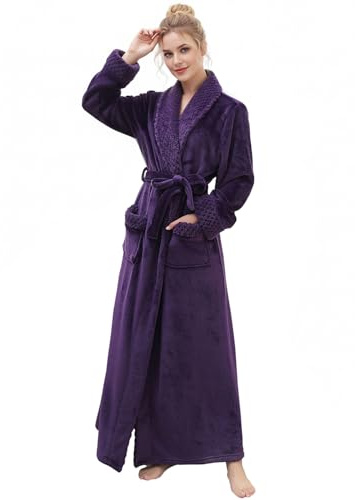 Hellomamma Bata de baño larga para mujer, de felpa suave, de forro polar, camisón para mujer, pijama, ropa de dormir, Morado, Small-Medium