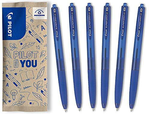 Pilot - Lot de 6 stylos-bille Super Grip G - Stylo rechargeable à encre ultra douce et grip spécialement conçus pour une écriture confortable - Stylo-bille rétractable - 6 bleus - Pointe moyenne