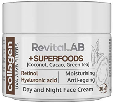 RevitaLAB Day and Night Collagen Anti-Aging Moisturiser Enriched with Hyaluronic Acid, Superfoods, Vitamins and a UVA/UVB Filter for Ages 30 – 45, 50 ml