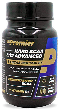 Premier Integratori Hard BCAA Advanced 8:1:1 | Aminoacidi ramificati (BCAA) 8:1:1 di qualità farmaceutica | senza glutine e zuccheri - con vitamina B6 (200 compresse)