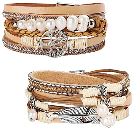 Milacolato 2 Pezzi Braccialetto Pelle per Donna Boho Multistrato Albero Della Vita Braccialetti Avvolgenti Grigio Marrone Nero Blu Fibbia Magnetica Bracciale Gioielli Regalo Per Mamma Amici