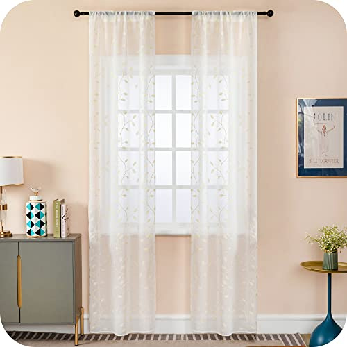GIRASOLE HOME® Coppia Tende Filtranti in Simil Lino Fantasia Rampicanti Tenda per Porta Finestra ed Interni 2 Pannelli con Tasca e Passanti Nascosti (Crema, 70x235cm)