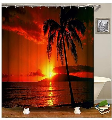 Homxi Duschvorhänge mit Ösen,150 W x 180 H cm,Duschvorhang Rot Orange Strandlandschaft Polyester Duschvorhang Ringe Weiss