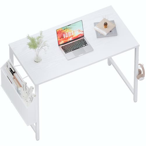 PAMRAY 80x40cm Kleinräume Computertisch mit Aufbewahrungstasche Schreibtisch für Schlafzimmer Schreiben und Arbeiten Kleiner Heimbürotisch,Weiß