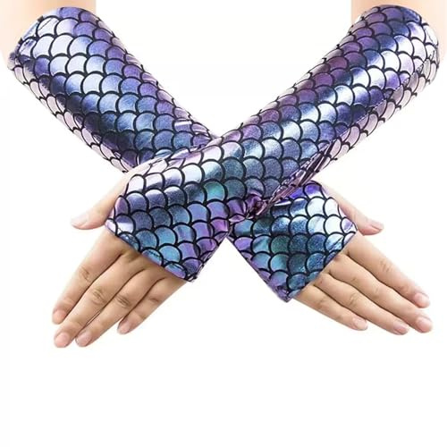 Azonelife Sjöjungfru skalhandskar, långa fingerlösa damhandskar, tillbehör sjöjungfru kostymer halloween cosplay kostym karneval fest bal år