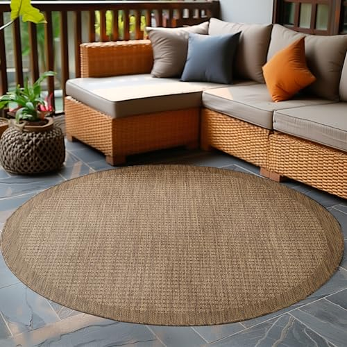 Carpetsale24 In- & Outdoor Teppich Wetterfest 200 cm Rund Einfarbig Braun - Waschbar, Wasserfest, Pflegeleicht und Flachgewebe - Ideal für Balkon, Garten, Terrasse und als Küchenteppich