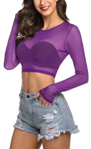 Avidlove Tops Cortos para Mujer Camiseta de Manga Larga Ajustada Top básico Camisas Casuales Blusa Ajustada Y2K Ropa de Moda Verano Fiesta Club Reino Unido Morado M