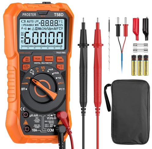Proster Multímetro Digital 60000 Conteos Polímetro TRMS Auto Rango NCV Tester Electricista DC CA Voltaje Medidor de Corriente Temperatura Capacitancia Resistencia Probador de Continuidad de Diodos