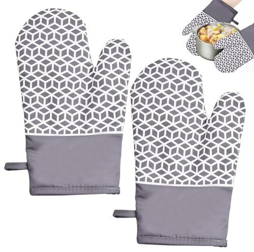 Guantes para Horno Resistentes al Calor, 2 Piezas Oven Gloves, Guantes de Cocina, Guantes de Algodón, Guantes para Hornear, Aptos para Sopas, Microondas y Ollas a Presión, Gris