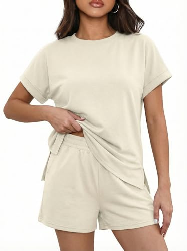 IWOLLENCE Husdräkt dam tvådelad sportset, loungewear dam tracksuit med elastisk linning och fickor, Beige, XL