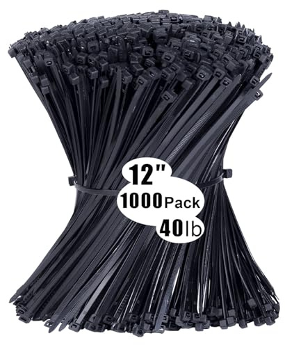 Cable Ties 1000 Pack,12 inch Zip Ties Black, 300 x 3.6mm Nylon Ties 40lb Tensile Strength with UV Resistant, Plastic Tie Wraps Self Locking Large Heavy Duty Cable Wrap for Workshop Indoor and Outdoor