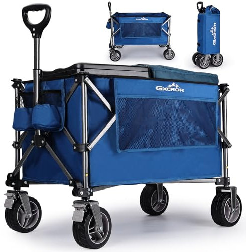 GXCROR Beach Trolley Cart Big Wheels Folding 100kg Capacity Wagon,Festival Fishing Pull Along Camping Garden Trolley on Wheels for Picnic(130L-Blue)