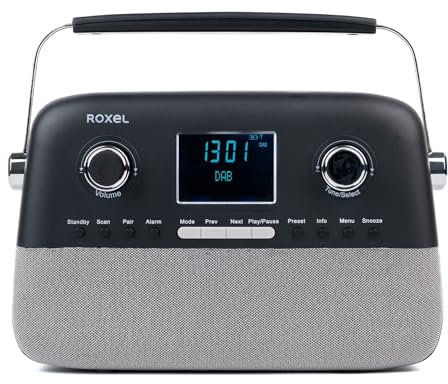 Roxel Retro D2 DAB et FM Radio - Haut-parleur BT sans fil 5 W, lecture USB, AUX, réveil, 30 stations préréglées, design portable, batterie rechargeable, antenne télescopique, écran LCD (noir)