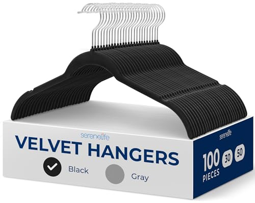 SereneLife Coat Hangers, Velvet Hangers for Clothes, 100 Pcs Non Slip Slim Space Saving Adult Hanger with 360° Swivel Hooks, For Tops, Jackets, Blouses, & Strappy Dresses - Black