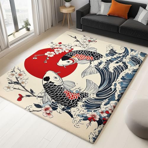 Teppich Waschbarer Wohnzimmer 160 x 230 cm, Kurzflor Superfeiner Kaschmir Weiche rutschfest Teppiche für Bettvorleger Schlafzimmer Esszimmer Flur, Japanischer Stil Karpfen Wellen Blumen Creme Rot
