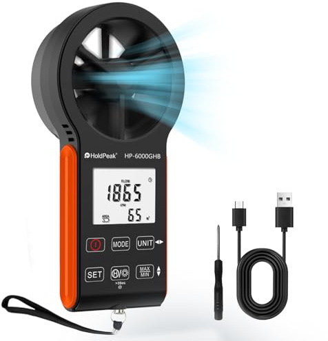HOLDPEAK HP-6000GHB - Anemómetro digital - Medidor de velocidad del viento y flujo de aire, indicador de temperatura, Max/min, retroiluminación, USB-C, resistente al agua