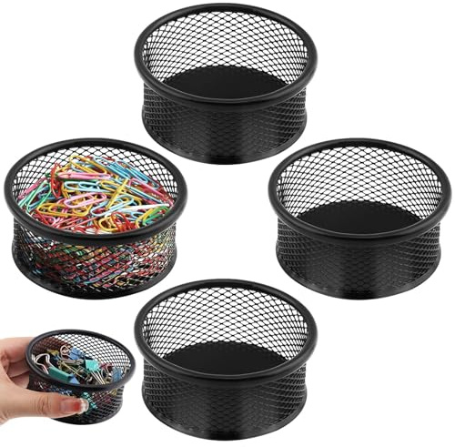 Kryslanix 4PCS Paper Clip Holder,Mesh Paper clip Organizer, Wire Mesh Paperclip Dish Holders,Desktop Round Paper Clips Dispenser for Desk Office Organizer Accessories