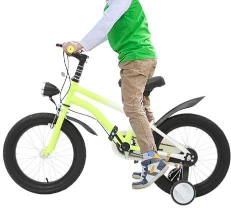 CUMELLIIR Vélo enfant 16 pouces pour garçon et fille, vélo avec roues stabilisatrices et lumière, hauteur réglable, vélo en acier au carbone pour enfant à partir de 4, 5, 6, 7 ans, Jaune