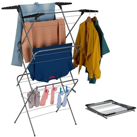 Relaxdays Stendibiancheria Verticale, Stendino Pieghevole a Torre, 3 Piani, HLP: 138x63,5x50 cm, Ferro e PP, Grigio Nero, Plastica