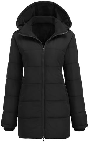 Hotouch Manteau d'automne et d'hiver pour femme - Long manteau matelassé avec capuche - Coupe ajustée - Couleur unie - Veste d'hiver décontractée - Coupe-vent - Veste matelassée - S-XXL, Noir , XL