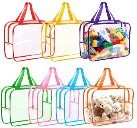 ZYNERY 7 Pack Clear PVC Toy Storage Bags with Handles – 11.8x8.6 Inch Waterproof Reusable Zipper Organizing Bags (7 Colors), for Building Blocks, Puzzles, Board Games, Baby Toys
