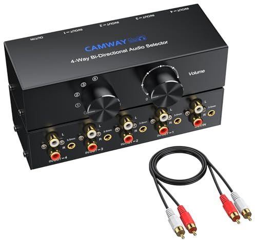 CAMWAY 4 (1) in-1 (4) Out RCA L/R ljudswitch, analog passiv stereo aux-omkopplare, med förgylld L/R-huvudkabel och RCA, plug and play, dubbelriktad ljudväljare strömbrytare splitter box för hörlurar
