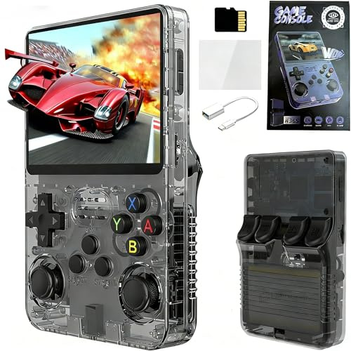 R36S Retro Handheld Game Console, 3.5 Inch IPS Screen Portable Retro Games Console, Built-in 20000+ Classic Games, 64GB Rechargeable Handheld Video Game Player for Kids Adults (Black Translucent)