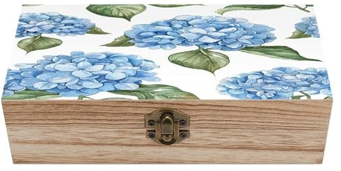 BTCOWZRV Blue Hydrangea Pattern Wooden Keepsake Box Wooden Storage Box with Hinged Lid Personalized Wood Memento Boxes Rectangular Smooth Memory Boxes for Crafts And Photo Storage